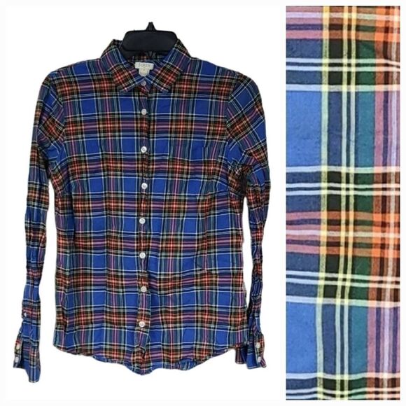 J.Crew Blue Madras Plaid Button Down Long Sleeve Cotton Shirt Women's Small Top - Picture 1 of 6